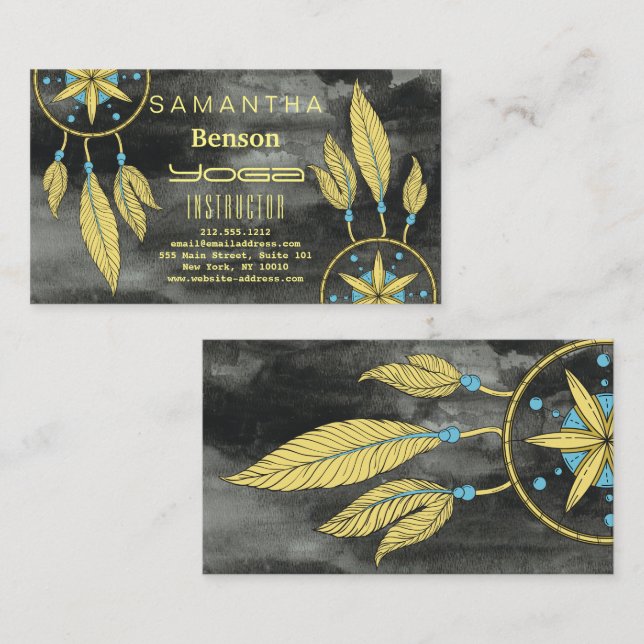 Tarjeta De Visita Elegante Dream Catcher Feathers Instructor de Yoga (Anverso / Reverso)