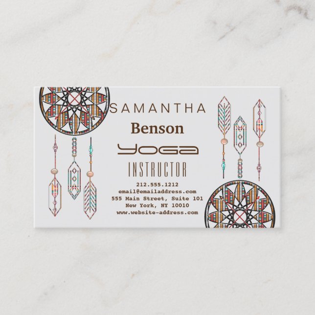 Tarjeta De Visita Elegante Dream Catcher Feathers Instructor de Yoga (Anverso)