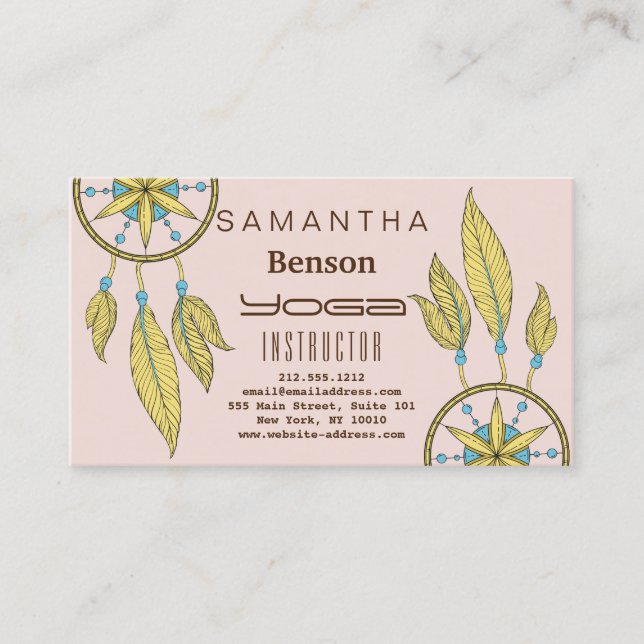 Tarjeta De Visita Elegante Dream Catcher Feathers Instructor de Yoga (Anverso)