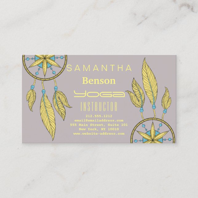 Tarjeta De Visita Elegante Dream Catcher Feathers Instructor de Yoga (Anverso)