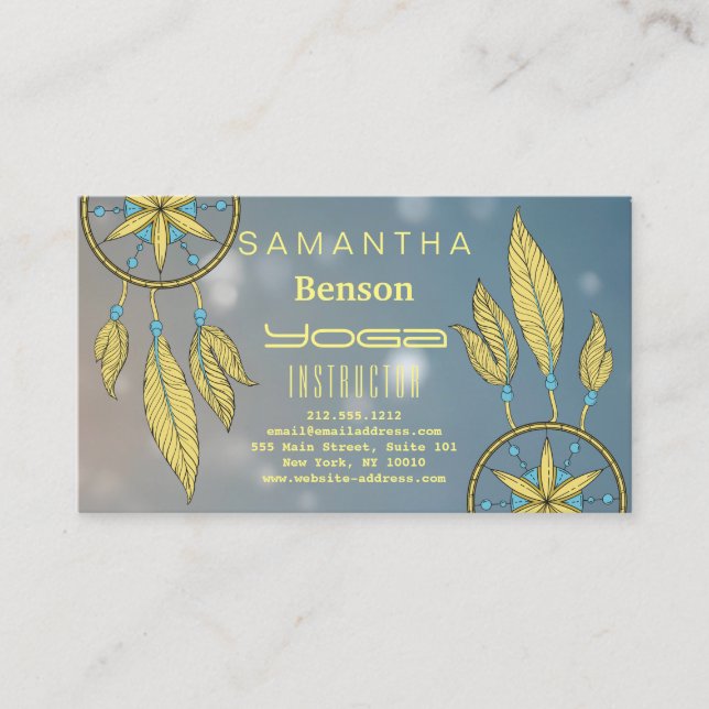 Tarjeta De Visita Elegante Dream Catcher Feathers Yoga Instructor Bu (Anverso)