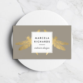 Tarjeta De Visita Elegante dúo Faux Gold Dragonfly en Taupe