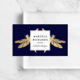Tarjeta De Visita Elegante dúo Faux Gold Dragonfly sobre la Marina O