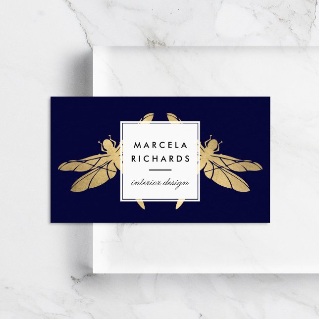 Tarjeta De Visita Elegante dúo Faux Gold Dragonfly sobre la Marina O (Subido por el creador)
