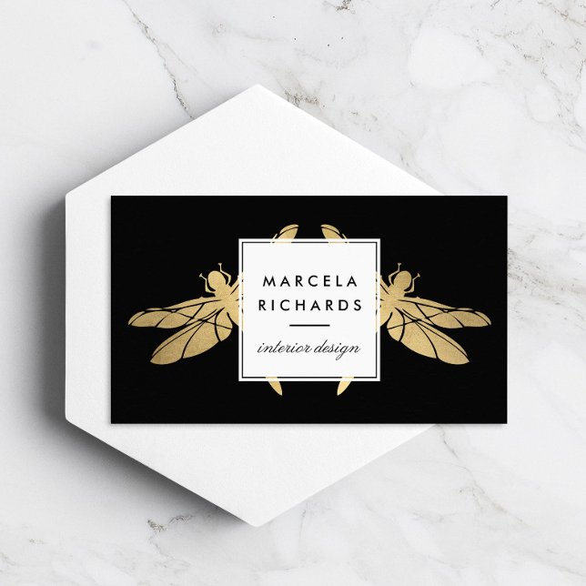 Tarjeta De Visita Elegante dúo Faux Gold Dragonfly sobre negro (Subido por el creador)