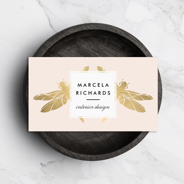 Tarjeta De Visita Elegante dúo Faux Gold Dragonfly sobre rosa (Subido por el creador)