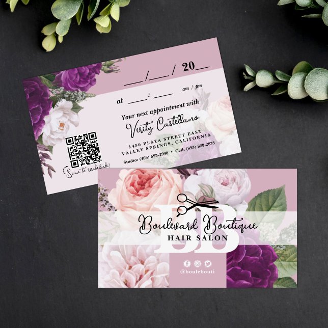Tarjeta De Visita Elegante Dusty Mauve floral Hair Nombramiento QR (Subido por el creador)