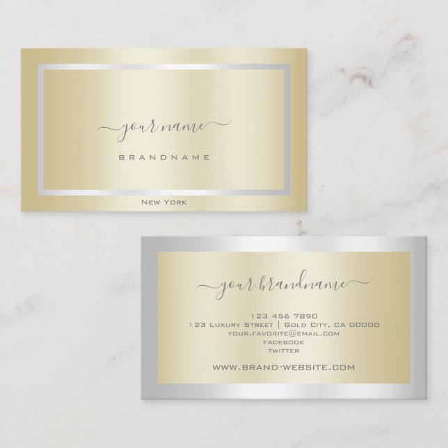Tarjeta De Visita Elegante efecto dorado con cuadro plateado profesi (Anverso / Reverso)