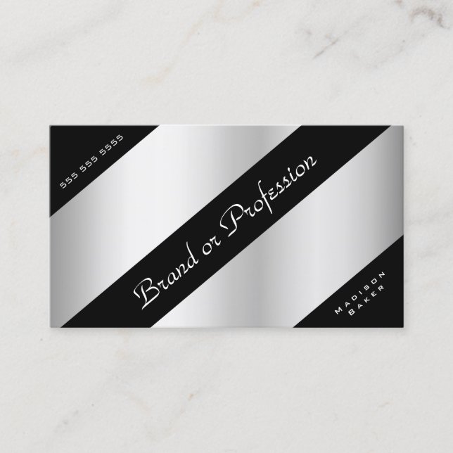 Tarjeta De Visita Elegante efecto Plata Esquinas Negras Horas de Ape (Anverso)