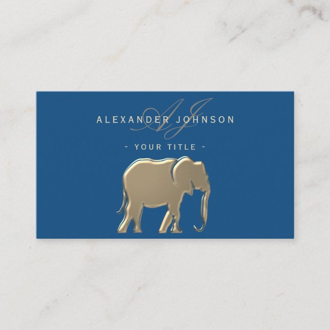 Tarjeta De Visita Elegante elefante dorado clásico profesional azul (Anverso)