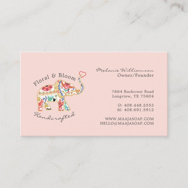 Tarjeta De Visita Elegante elefante ornato floral femenino (Anverso)