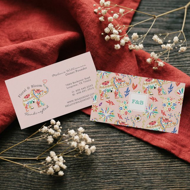 Tarjeta De Visita Elegante elefante ornato floral femenino (Elegant Feminine Floral Decorative Ornate Elephant Business Card)