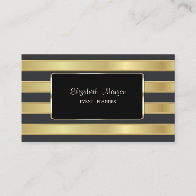Tarjeta De Visita Elegante, elegante, con rayas de oro, marco negro (Anverso)