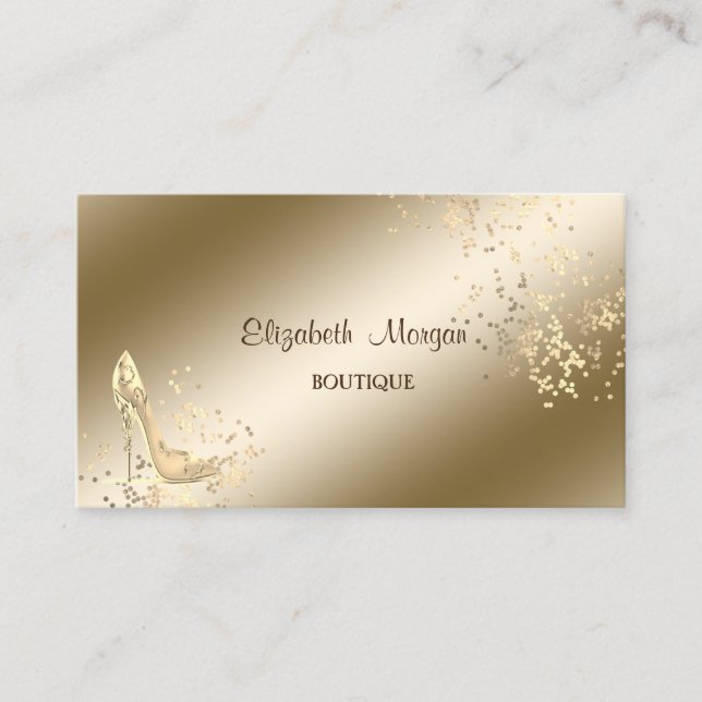 Tarjeta De Visita Elegante Elegante, Confetti de oro, tacones altos (Anverso)