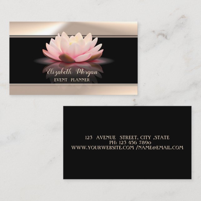 Tarjeta De Visita Elegante, elegante, Lotus, negro (Anverso / Reverso)