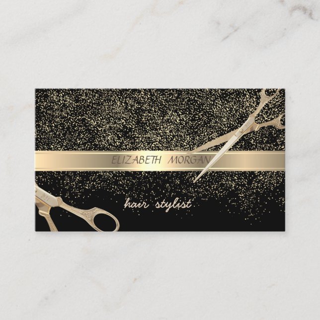 Tarjeta De Visita Elegante Elegante, Negro, Confetti de oro, tijeras (Anverso)