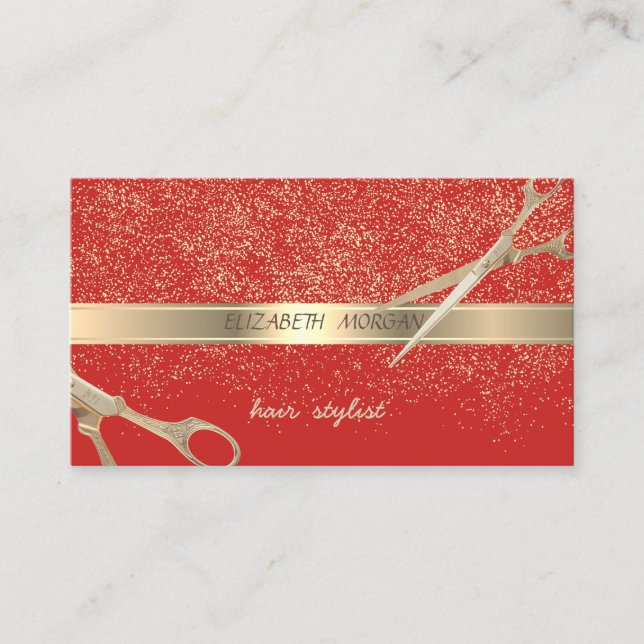 Tarjeta De Visita Elegante Elegante, Rojo, Confeti De Oro, Tijeras (Anverso)
