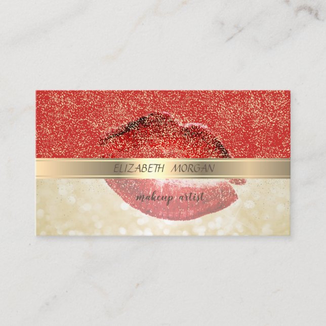 Tarjeta De Visita Elegante Elegante, Rojo, Confetti de oro, Labios,  (Anverso)