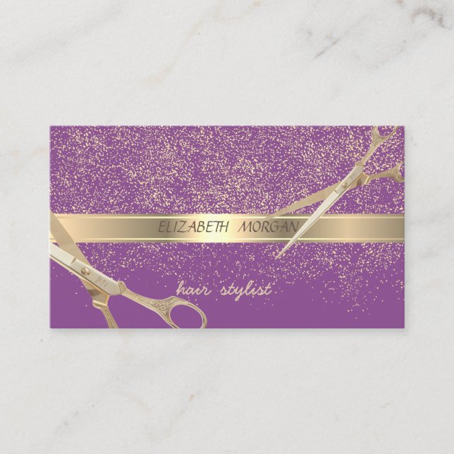 Tarjeta De Visita Elegante Elegante, Violeta, Confeti De Oro, Tijera (Anverso)