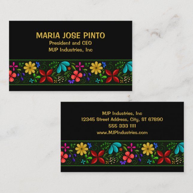 Tarjeta De Visita Elegante empleado de folk floral latinoamericano (Anverso / Reverso)