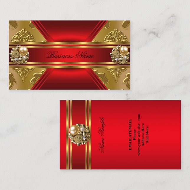 Tarjeta De Visita Elegante Empresa Red Gold Damask (Anverso / Reverso)