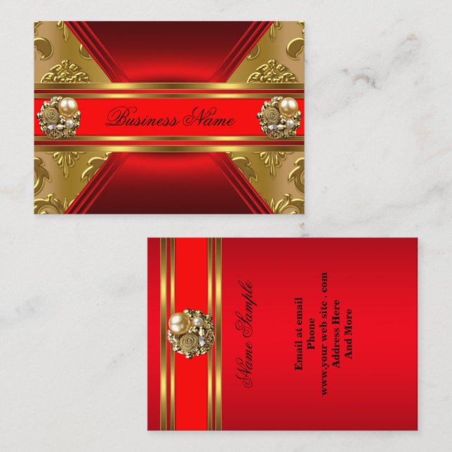 Tarjeta De Visita Elegante Empresa Red Gold Damask Jewel 2 (Anverso / Reverso)