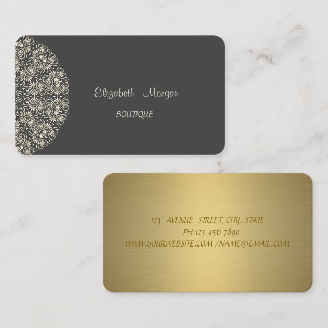 Tarjeta De Visita Elegante encaje gris oro (Anverso / Reverso)