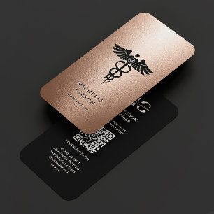 Tarjeta De Visita Elegante enfermera médica Black Caduceus Rosegold