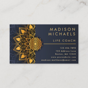 Tarjeta De Visita Elegante entrenador Blue Gold Mandala Life