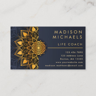 Tarjeta De Visita Elegante entrenador Blue Gold Mandala Life