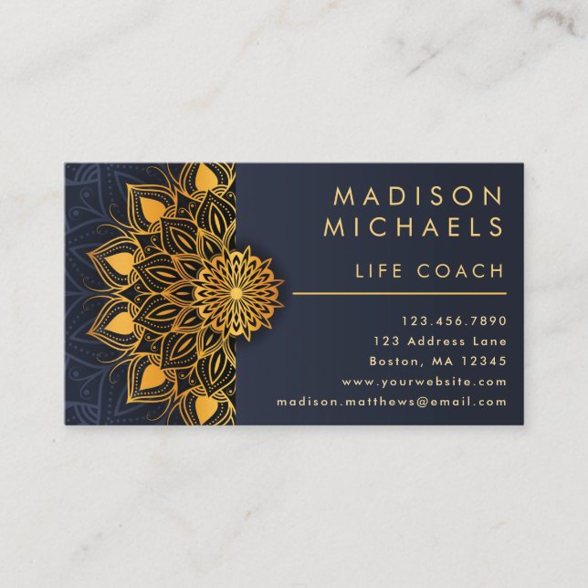 Tarjeta De Visita Elegante entrenador Blue Gold Mandala Life (Anverso)