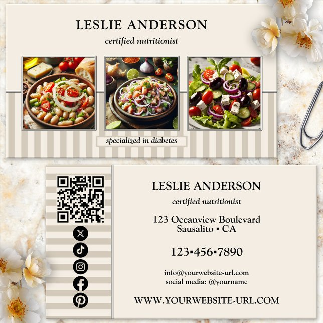 Tarjeta De Visita Elegante entrenador de salud nutricionista dietist (Dietitian or nutritionist business card featuring your photos framed by a stylish tan striped design)
