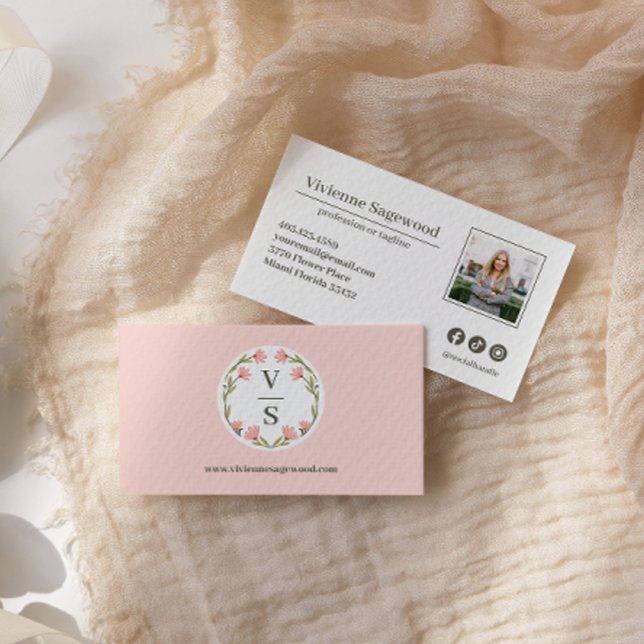 Tarjeta De Visita Elegante Escudo de Monograma Botánico Foto Rosa (Subido por el creador)
