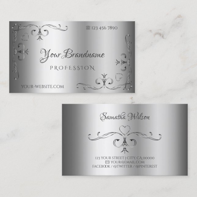 Tarjeta De Visita Elegante Esquina Ornate Plata Fronteras Ornamental (Anverso / Reverso)