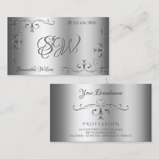 Tarjeta De Visita Elegante Esquinas Ornadas Plata Iniciales Ornament (Anverso / Reverso)