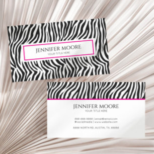 Tarjeta De Visita Elegante Estampado de Cebra Rosa Negro Blanco Pers