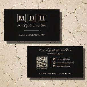 Tarjeta De Visita Elegante Estilista de Pelo con Código QR en Negro 