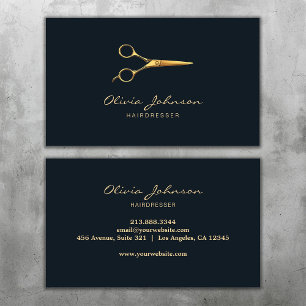Tarjeta De Visita Elegante Estilista de Pelo Tijeras de Oro Azul Osc