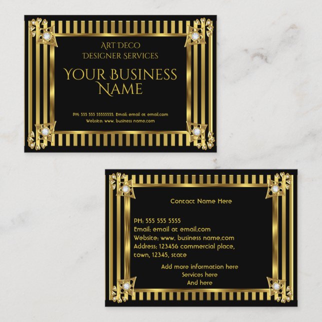 Tarjeta De Visita Elegante estilo Art Deco Banda negra de oro (Anverso / Reverso)