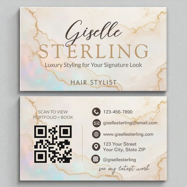 Tarjeta De Visita Elegante estilo de pelo Pearl Opal Guión de oro mo (Subido por el creador)