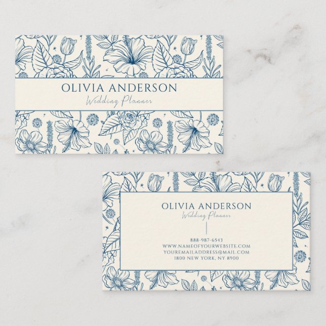 Tarjeta De Visita Elegante estilo floral azul y beige de línea moder (Anverso / Reverso)
