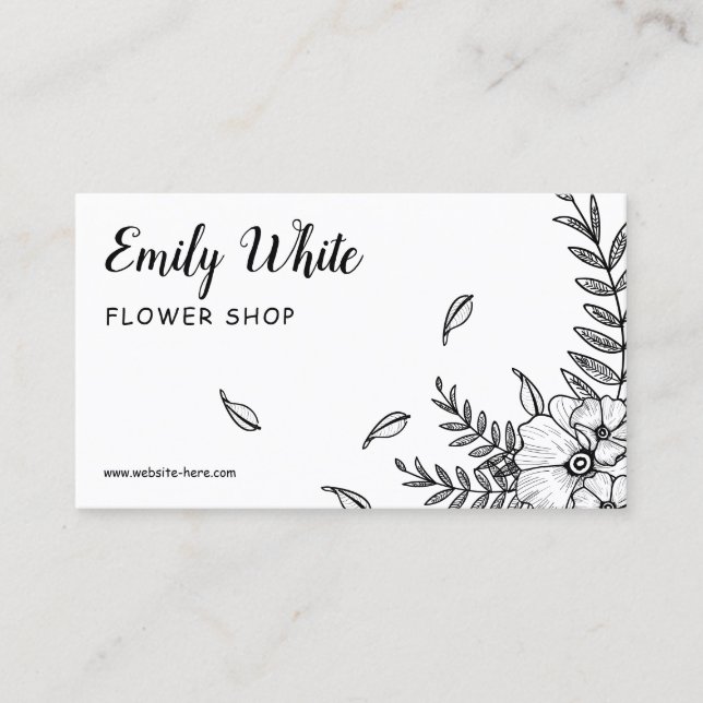 Tarjeta De Visita Elegante estilo floral blanco y negro (Anverso)