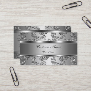 Tarjeta De Visita Elegante estilo floral plateado Grabado en relieve