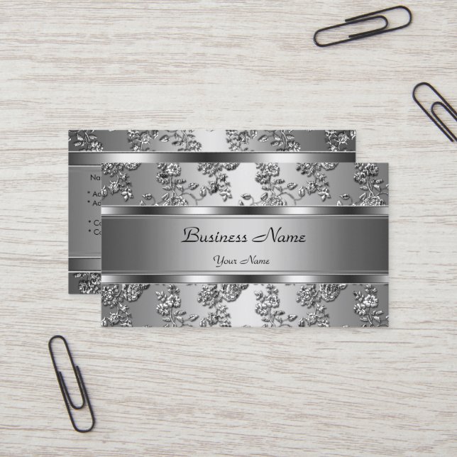 Tarjeta De Visita Elegante estilo floral plateado Grabado en relieve (Anverso/Reverso In Situ)