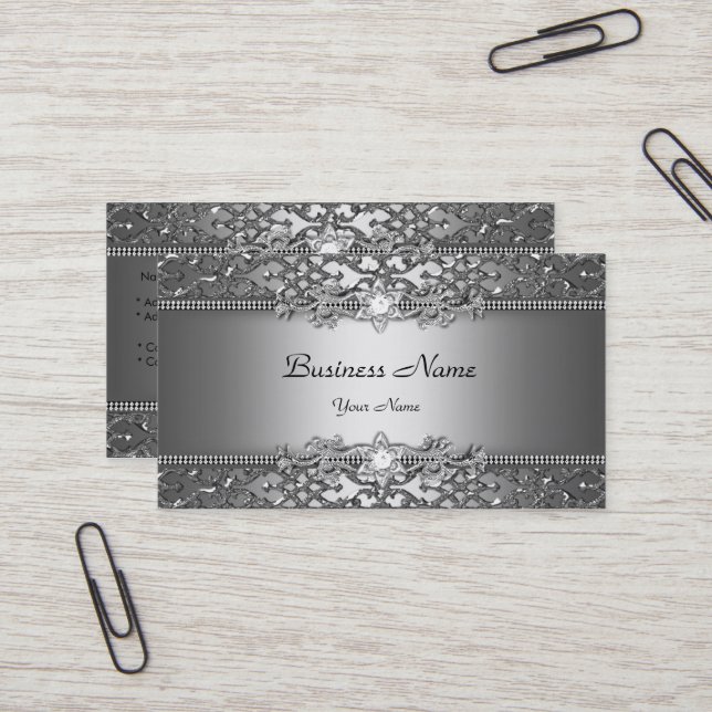 Tarjeta De Visita Elegante estilo Grabado en relieve de Damasco Gris (Anverso/Reverso In Situ)