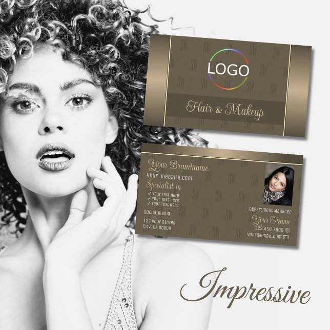 Tarjeta De Visita Elegante estilo marrón dorado con logo y foto (Subido por el creador)