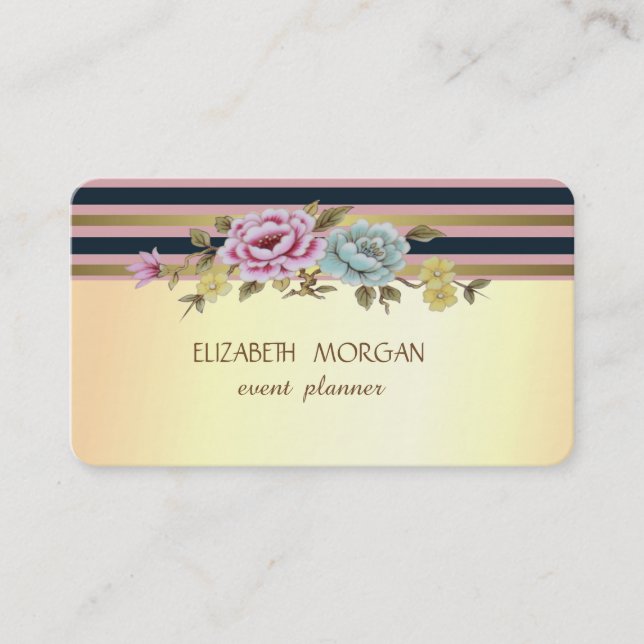 Tarjeta De Visita Elegante Estilo Moderno Faux Gold Striped,Flores (Anverso)