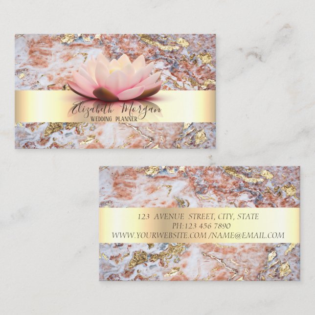 Tarjeta De Visita Elegante estilo moderno Stripe Lotus Marble Gold (Anverso / Reverso)