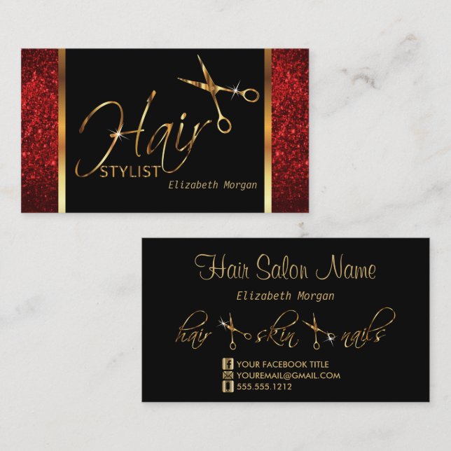 Tarjeta De Visita Elegante estilo negro, dorado y rojo (Anverso / Reverso)