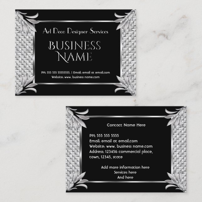 Tarjeta De Visita Elegante estilo retro Art Deco negro plateado Ratá (Anverso / Reverso)